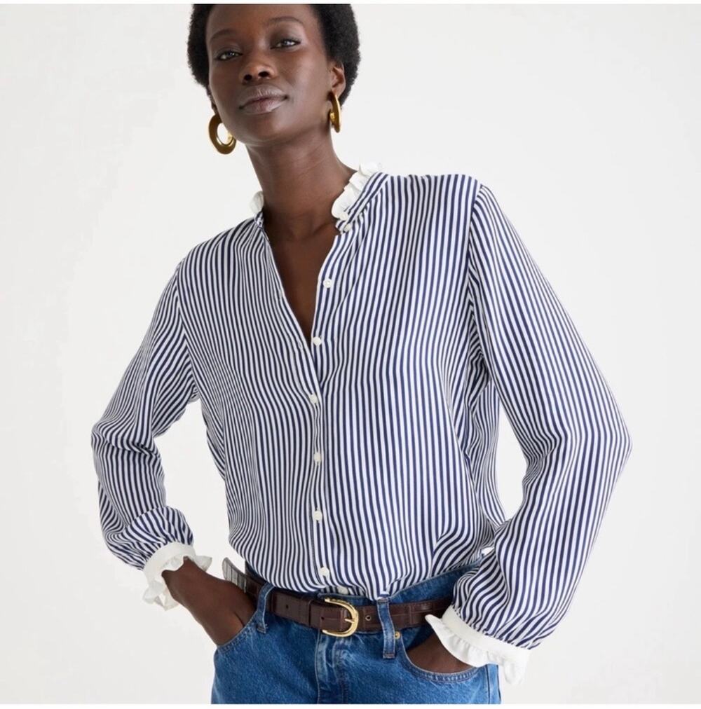 Striped Navy and White Ruffle-Cuff Button-Up Top